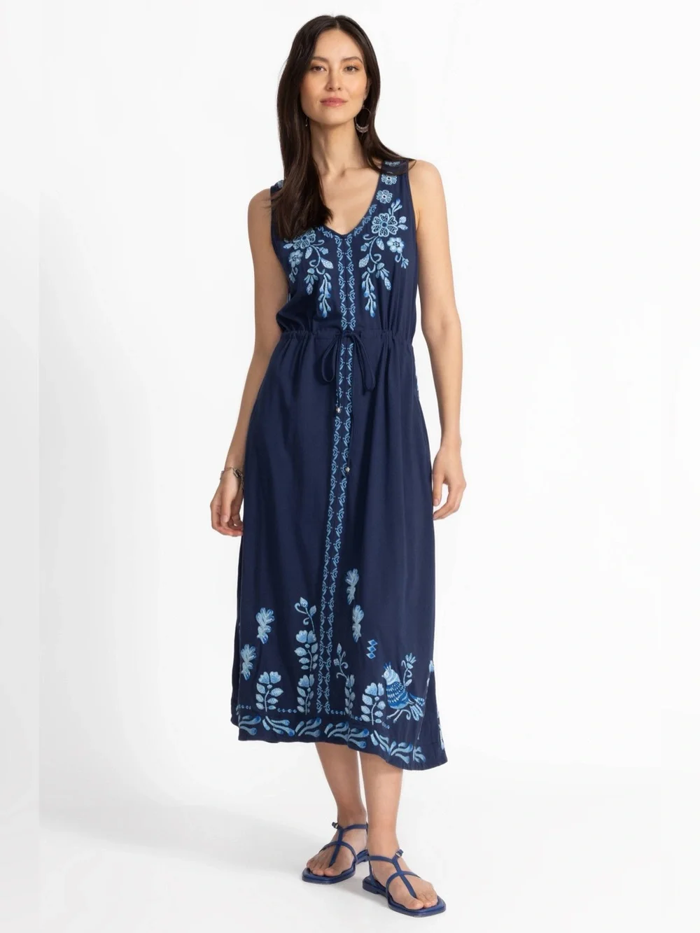 NWT JOHNNY WAS EMBROIDERED BLUE BOHO DRAWSTRING RESORT WEAR YADIRA MIDI DRESS 3X - Picture 5 of 10